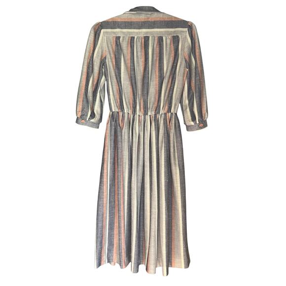 Vintage 70s Size Medium Pink Gray Stripe Day Dress Retro Rockabilly Fit & Flare - Picture 2 of 11